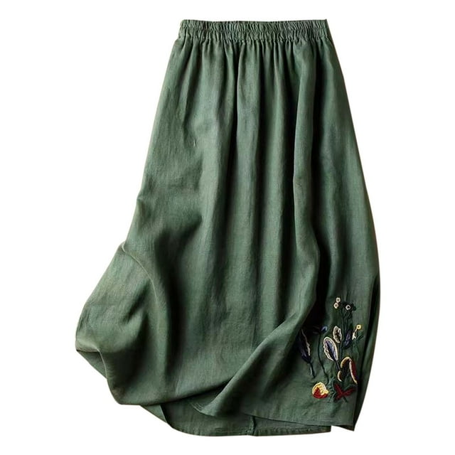 GPOECD Floral Embroidered Linen A-Line Midi Skirt for Women Flared Versatile Design