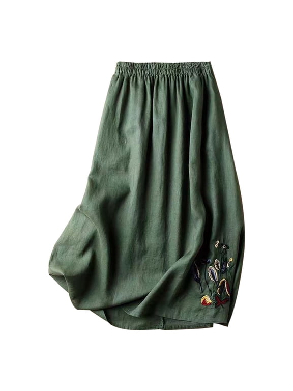 Zshosam Long Skirts for Women Trendy Cotton Linen A Line Midi Skirt for Women Vintage Floral Embroidered Flowy Maxi Skirts(Green,M)