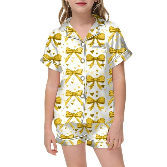 Girls Satin Pajama Set Button Down Short Sleeve Top and Shorts Soft Summer Sleepwear Cute Preppy Outfit for Toddler Kids 2-13 Years