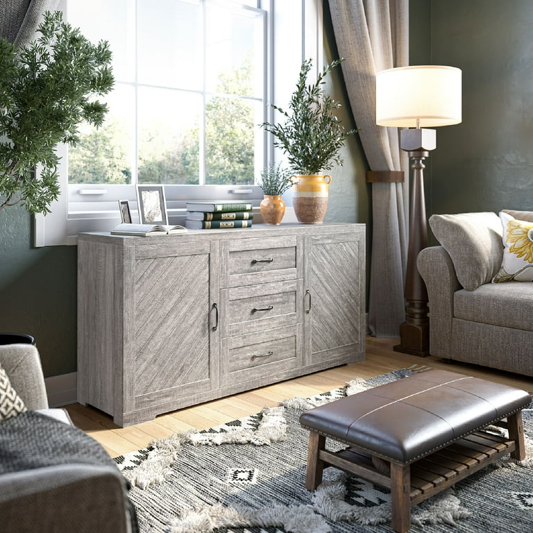 BELLEZE Modern Farmhouse Sideboard Console Table Or Buffet With Three Drawers Four Shelves Space Saving Media Storage Cabinet Holds Up To 70lbs