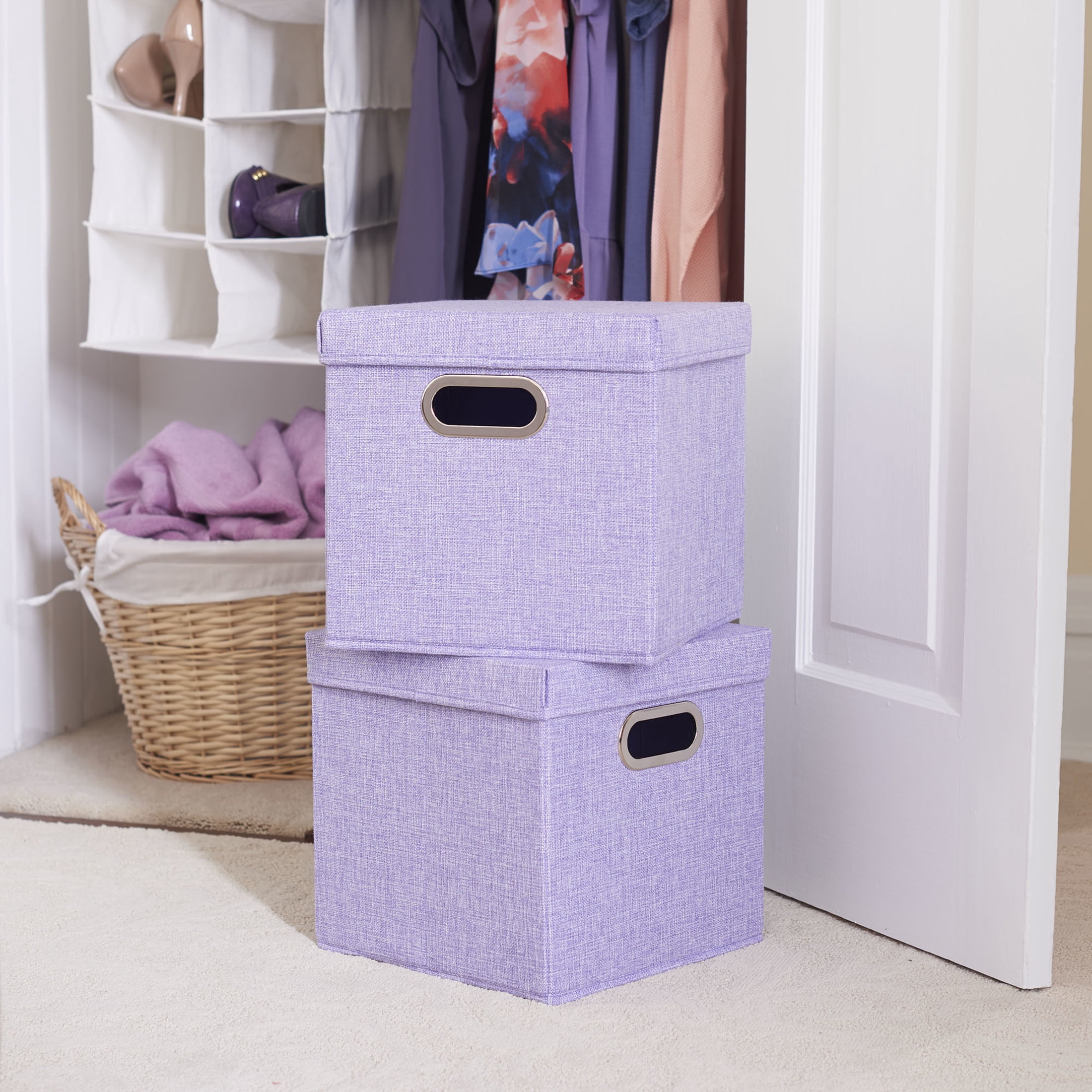 Household Essentials Storage Bins with Lids and Chromed Grommet Handles, Set of 2, Light Purple Textured Linen Look, Fits Standard Cube Shelves