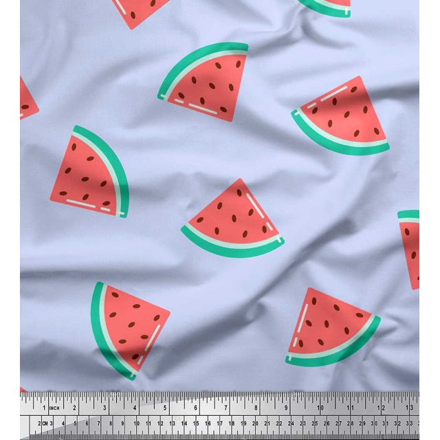 Soimoi Blue polyester Crepe Fabric Watermelon Fruits Printed Fabric 1 Yard 52 Inch Wide