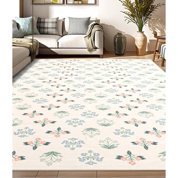 Floral Beige Washable Area Rug - Large Colorful Living Room Rug Ultra-Thin Non-Slip For Bedroom, Nursery, Kids Room 4x6ft