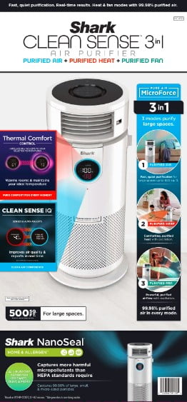 Shark CleanSense 3-in-1 500 Sq Ft HEPA Air Purifier, Heater & Fan, Oscillating, Captures Dust, Allergens, and Smoke, HC450 White
