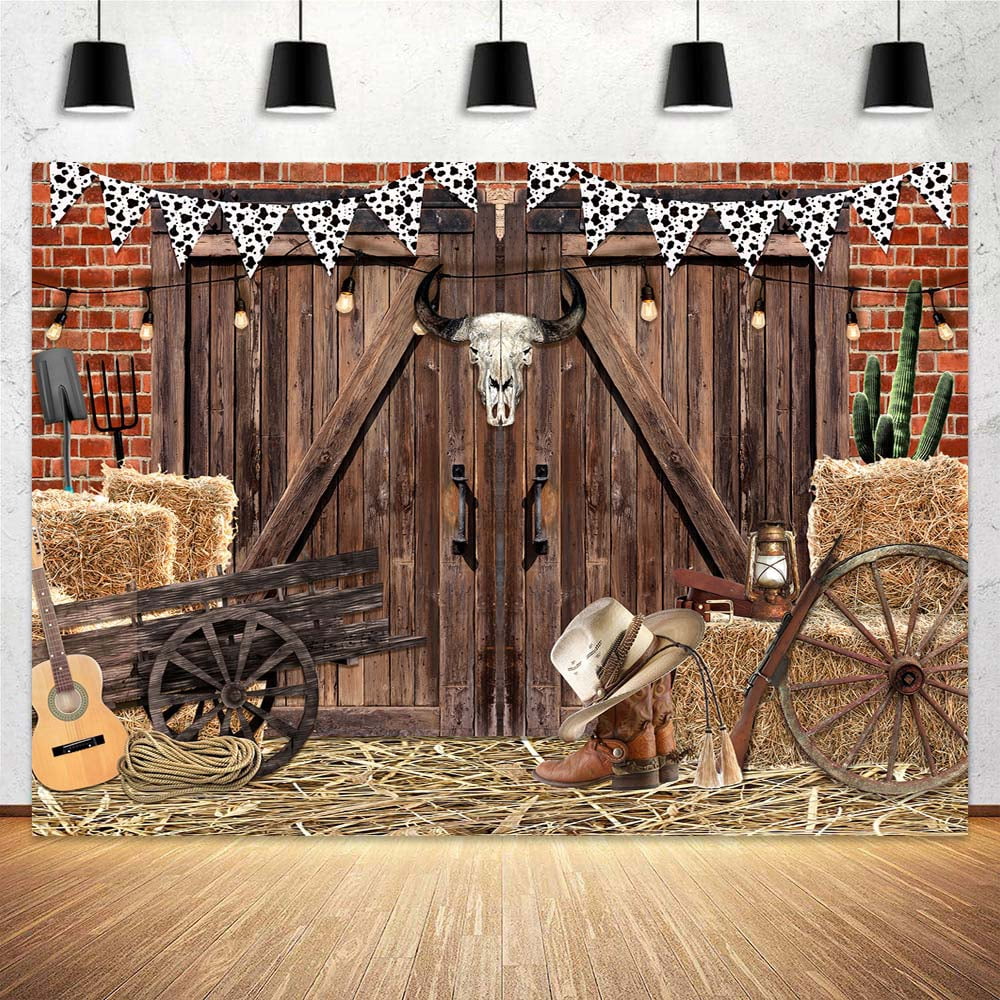 8X6ft Western Cowboy Party Backdrop Vintage Wild West Rustic Wooden House Barn Door Photography Background Cowboy Theme Party Decorations Banner Adults Kid Birthday Party