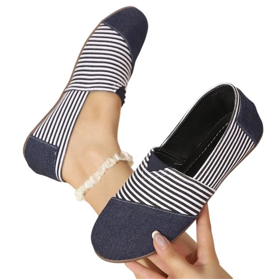 HTHLVMD Slip On Loafers, Striped Canvas Shoes, Casual Flat Walking Shoes, Women's Daily Footwear, Women's Striped Canvas Slip On Loafers Casual Comfortable Flat Walking Shoes, Black 6