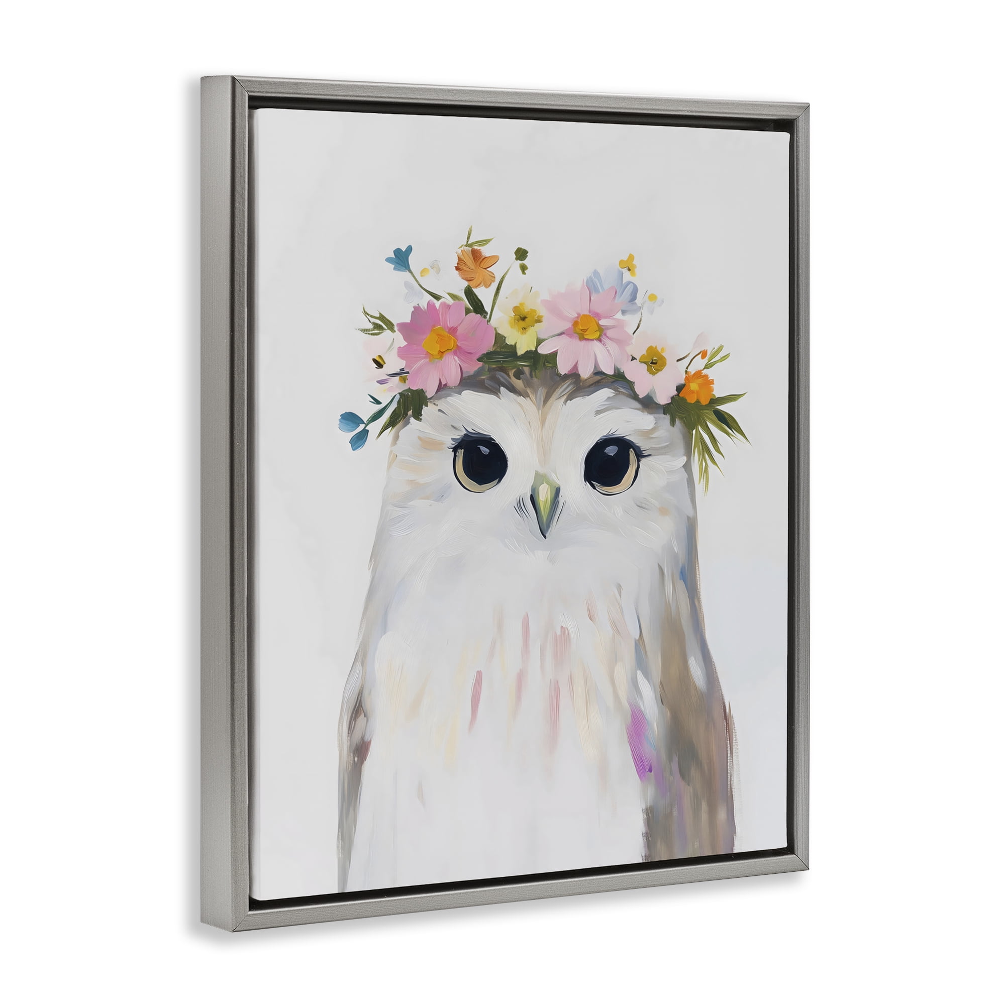 Stupell Industries Flower Crown Owl Gray Framed Floater Canvas Wall Art, design by The Prints Vibe