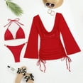 thumbnail image 2 of MGDXOX Women's 3 Piece Sunblock Bikini Set Halter Triangle Top Cheeky Bottom Sheer Long Sleeve Cover Up Ruched Tie Waist Dress Red S, 2 of 5