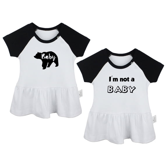 Pack of 2, Baby Bear & I'm Not A Baby Funny Dresses For Baby, Newborn Babies Skirts, Infant Princess Dress, Toddler Frocks (Black Raglan Dresses, 18-24 Months)