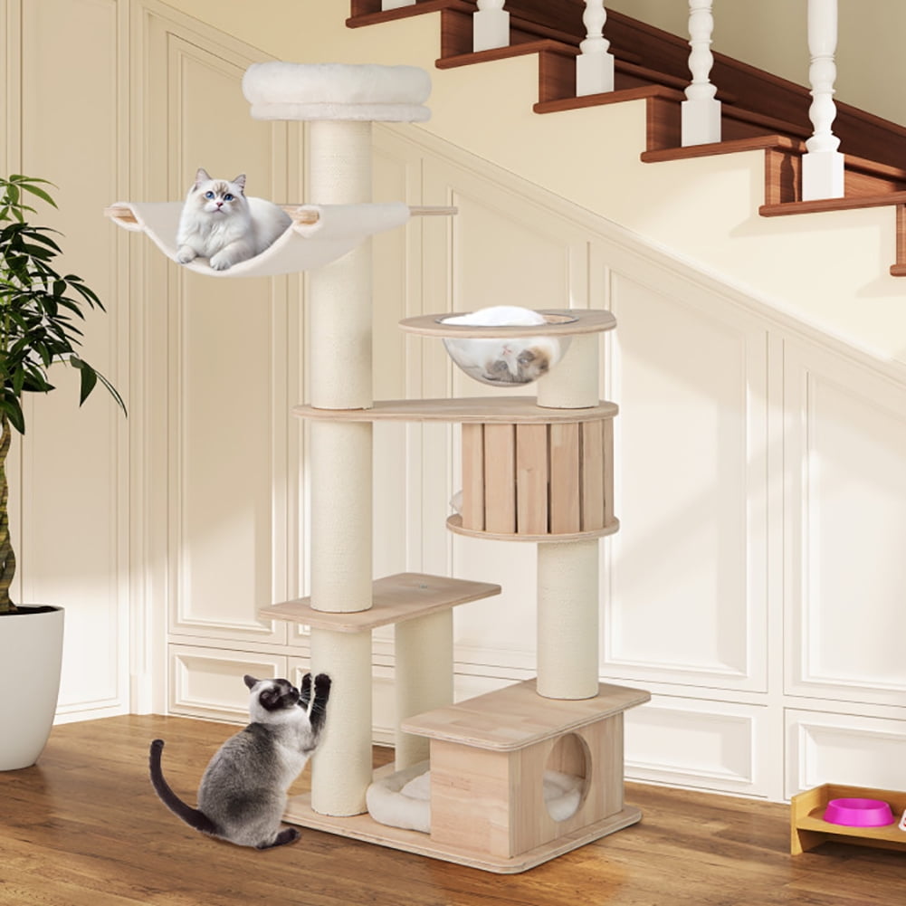 Spaco 69 Inches Tall Cat Tree with Cozy Top Perch and Washable Plush Cushions, Cat Tree, Beige