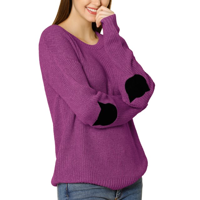 Unique Bargains Junior's Pullover Drop Shoulder Elbow Cat Patch Loose Sweater Pullover