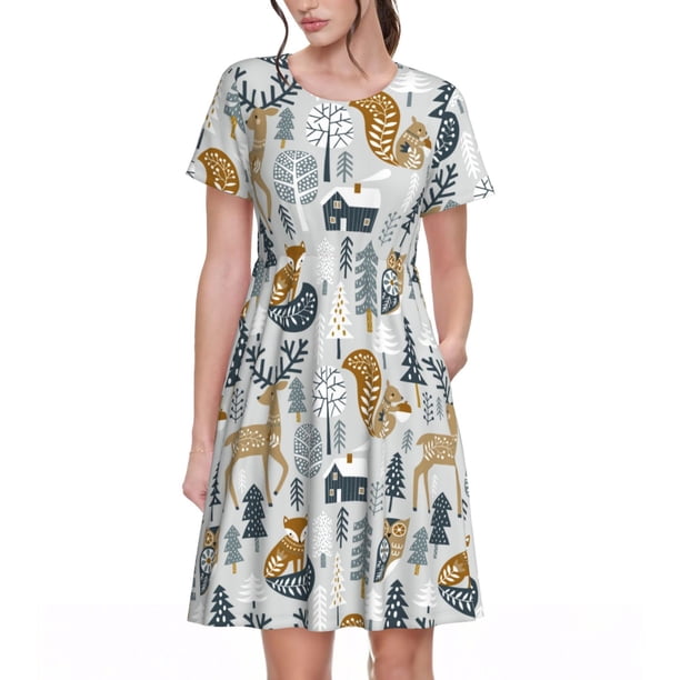 Disketp Winter Forest Animals para Vestido de Manga Corta para Mujeres, Vestidos de Verano para Mujeres, Casual y Holgado para la Playa