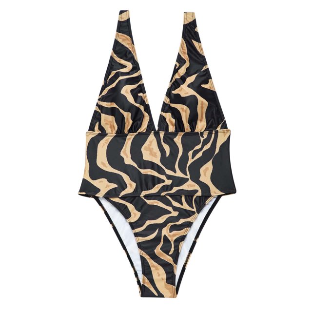 Bikini sexy de una pieza con cuello en V para mujer con almohadilla en el pecho y sin estampado de leopardo con aros Fridja nalpqowj24431
