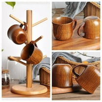 Natural Solid Wooden Tea Cup Set, Elegant Japanese Jujube-Wood Coffee Mug Handcrafted Small Desk Cup With Handle (2 Pcs)