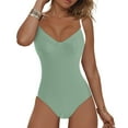 thumbnail image 2 of Wamejoo Women Wide Straps V Neck One Piece Swimsuit Lace Up Tummy Control Slimming Bathing Suit Cross Back Swimwear (Light Green, XL), 2 of 9