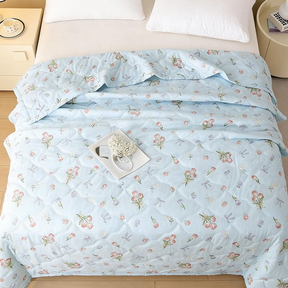 AuroraX Lightweight Washable Summer Quilt Full Size Cool Summer Quilt Cotton Breathable Machine Washable Soft Thin Summer Quilt for Bedroom Blue