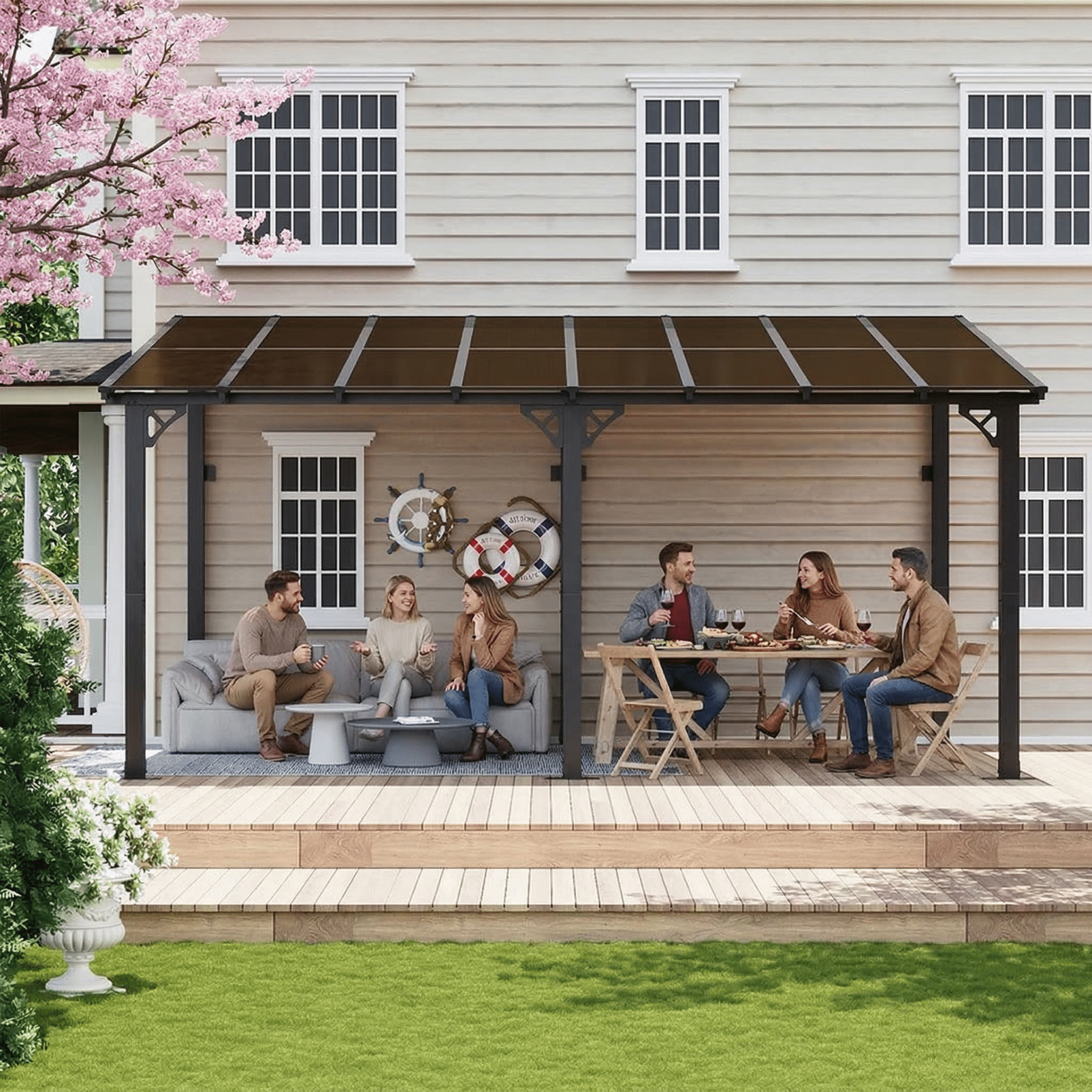 Nordivale 16x10 Hard Top Gazebo Pergola- Wall Mounted Lean-to Aluminum Alloy Awning with Canopy Roof, All-Weather Outdoor Cover for Patio, Backyard, Deck