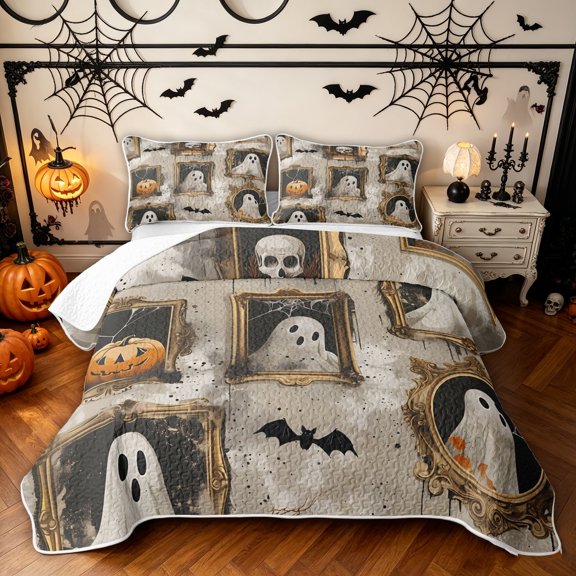 Feelyou Spooky Halloween Ghost Twin Quilt Set, Kawaii Gothic Bat Skull Twin Coverlet Set, 2-Piece, 1 Comforter and 1 Pillowcase