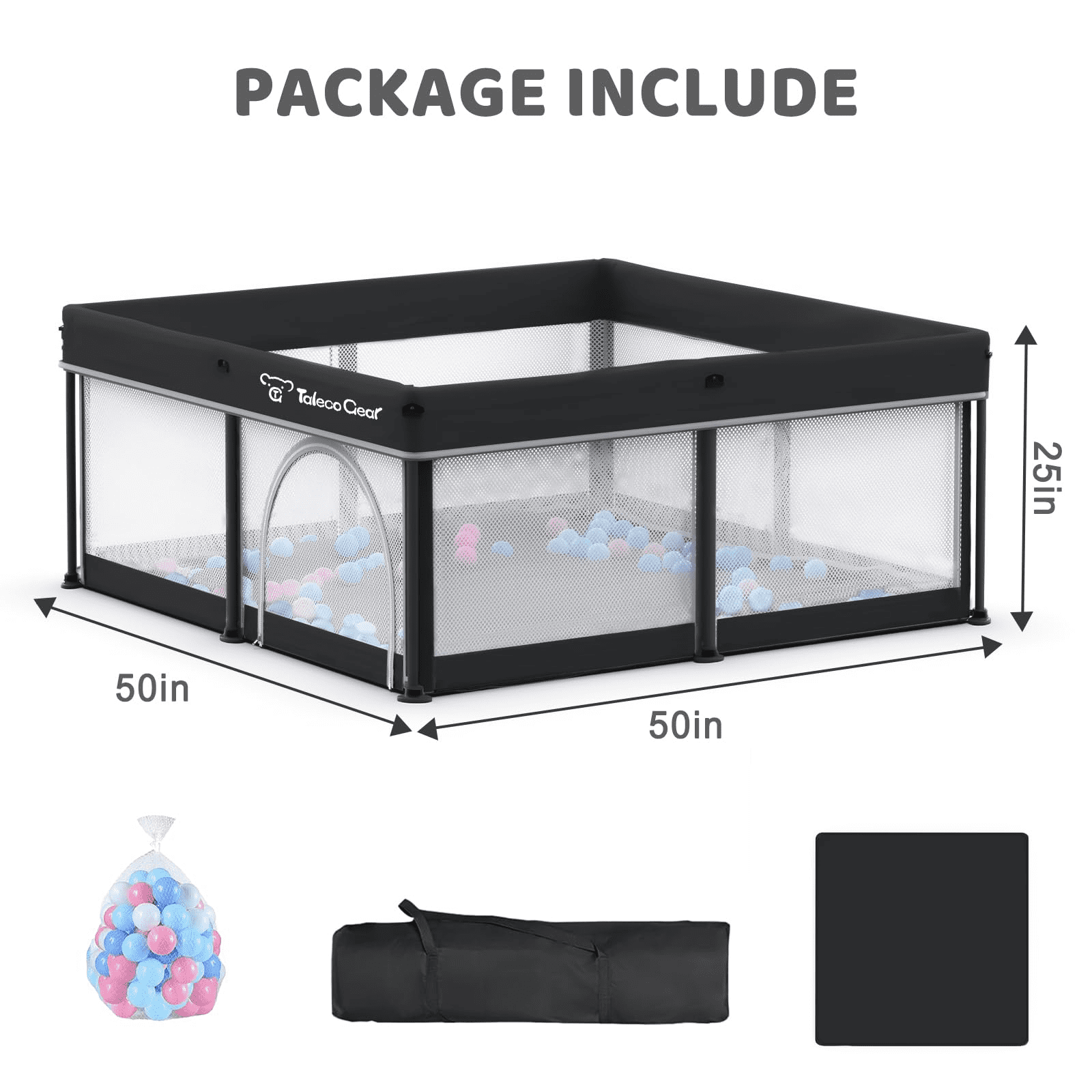 Foldable Baby Playpen with Mat, Collapsible Play Pen for Babies and Toddlers, Indoor & Outdoor Kids Safety Play Pen, Portable Play Yard with 50 Ocean Balls, 50"×50", Black