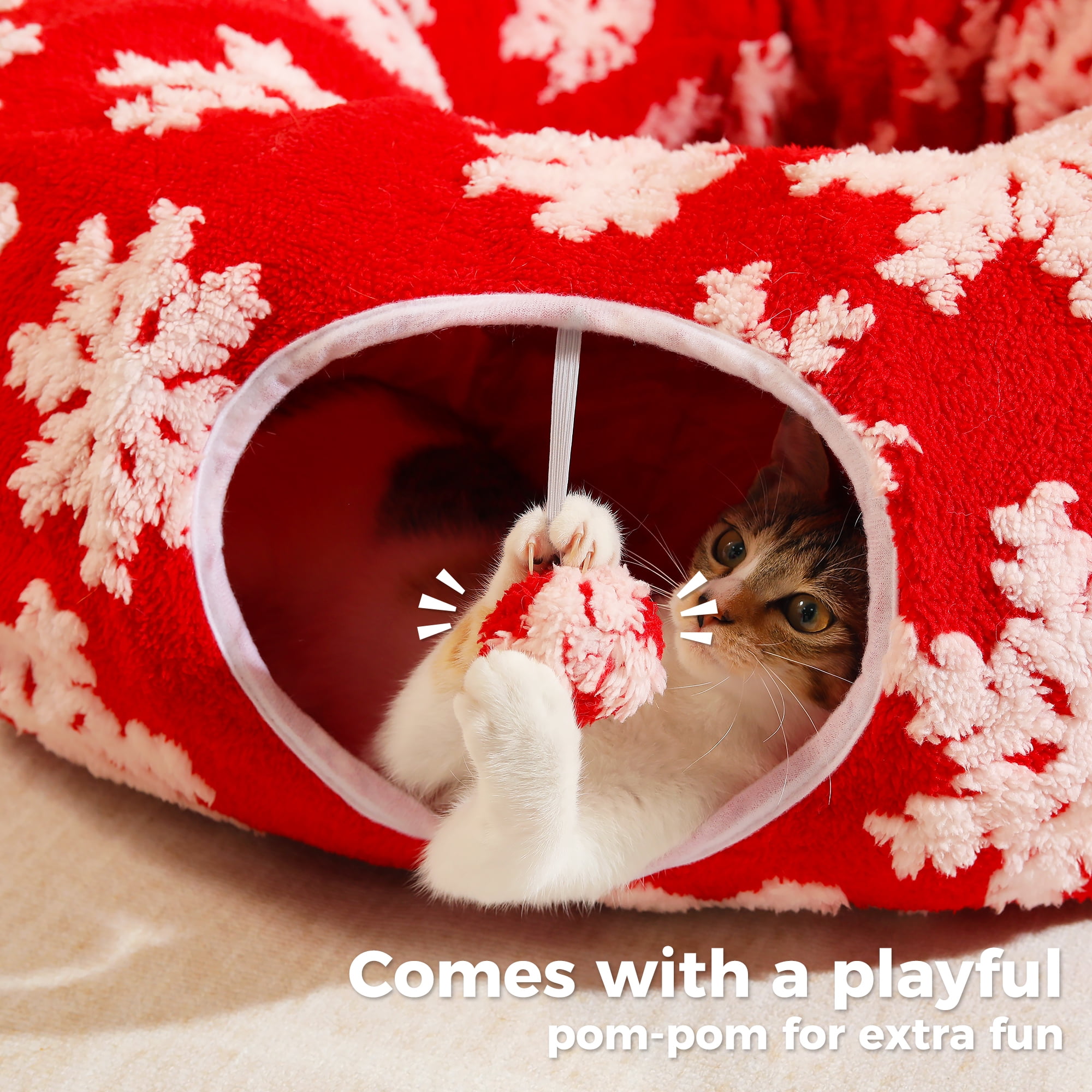 PAWZ Road 34" Cat Tunnel Christmas Cat Tunnel Bed with Soft Mat, Cat Toys for Indoor Cats, Red