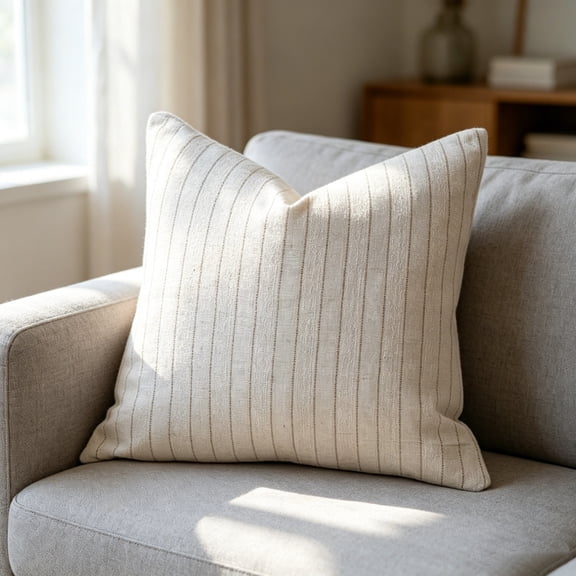 Pinstripe Throw Pillow Cover – Neutral Striped Cushion Case for Sofa, Bed & Couch – Soft Polyester Decorative Pillow Cover with Hidden Zipper – 18 x 18 Inches – Machine Washable