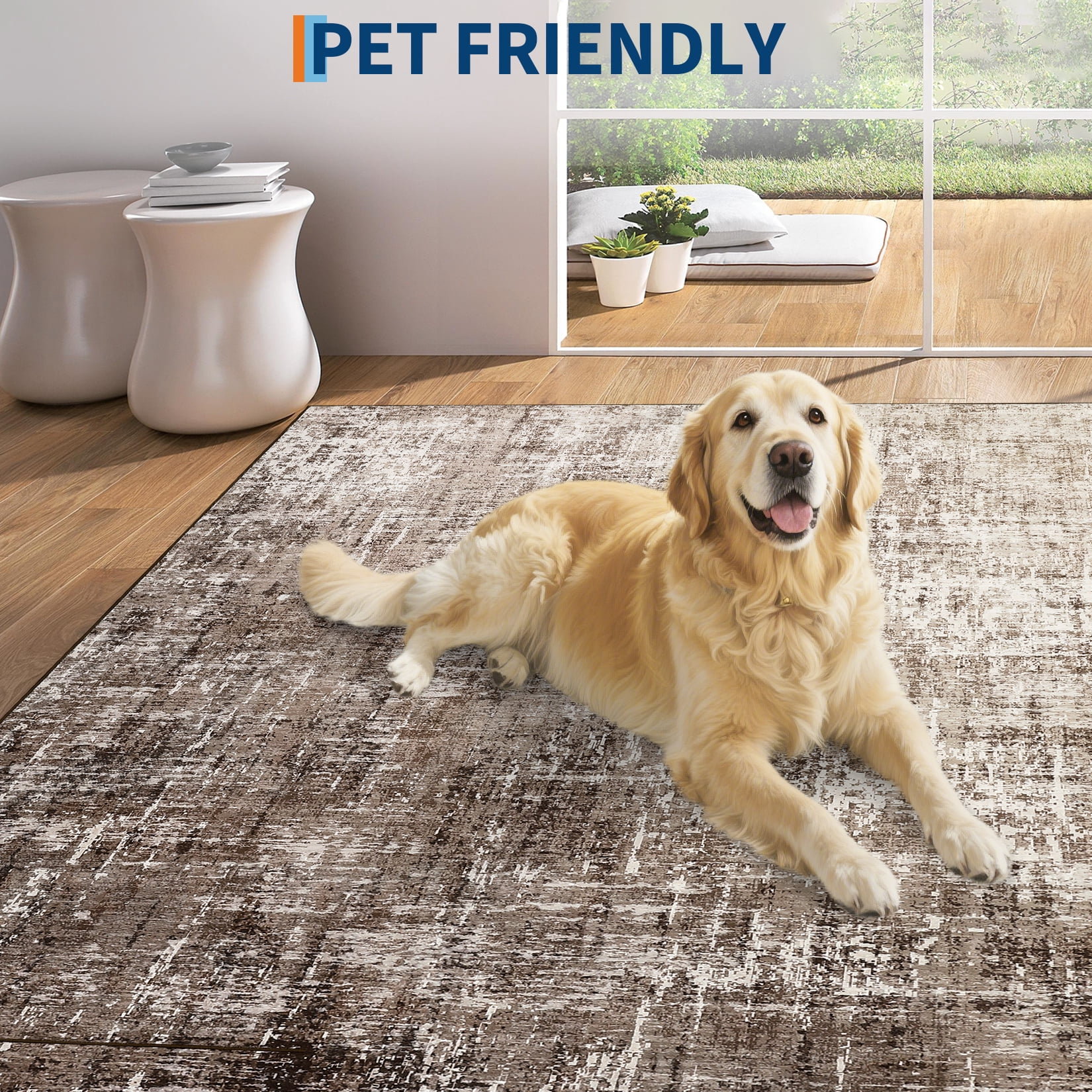GlowSol 8'x10' Washable Area Rugs for Living Room Bedroom Modern Abstract Rug Non Slip Low Pile Soft Accent Rugs, Tan