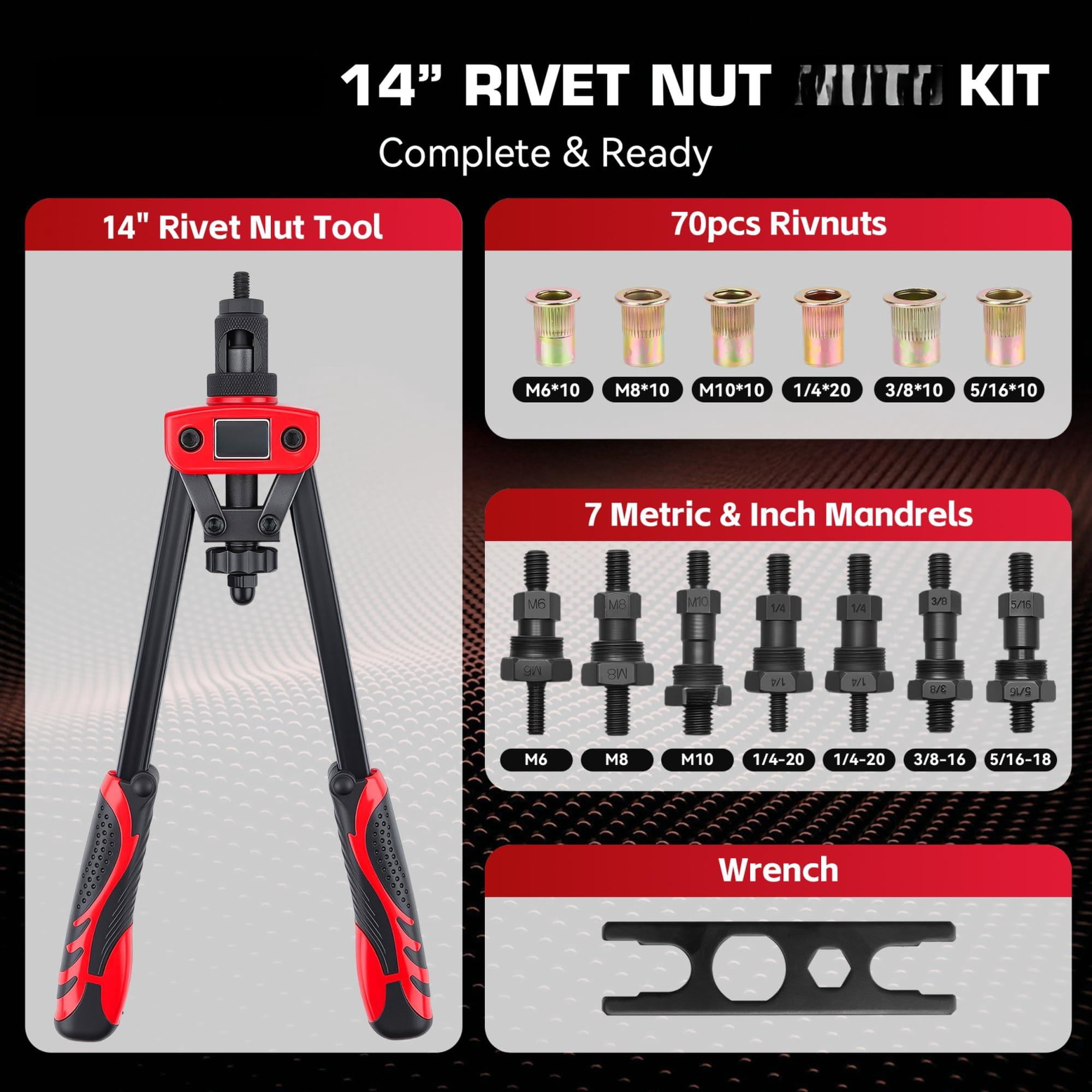 14" Rivet Nut Tool Kit  Heavy-duty Rivnut/nutsert With 7 Mandrels (m6 M8 M10 1/4"-20*2 5/16"-18 3/8"-16) & 70 Nuts Rugged Rivnut Carrying Case (14")