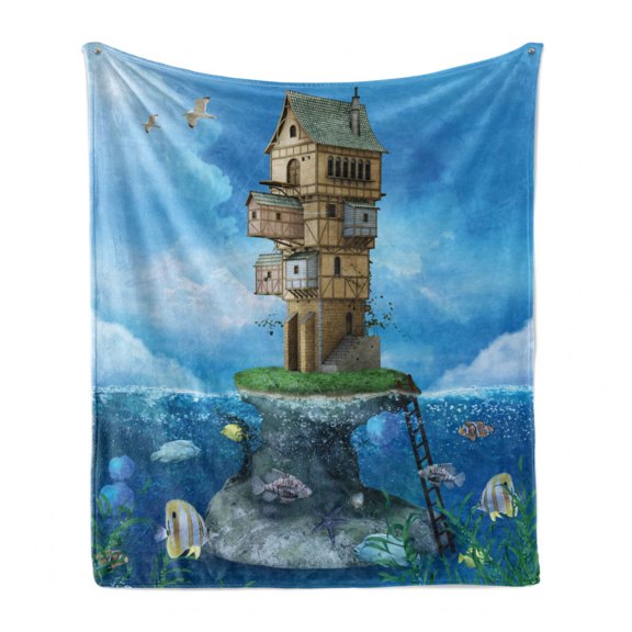 Cartoon Soft Flannel Fleece Throw Blanket, Fantasy Fisherman House Fairytale Underwater Life Fishes Coral Cloudy Sky, Cozy Plush for Indoor and Outdoor Use, 50" x 60", Blue Brown Green, by Ambesonne
