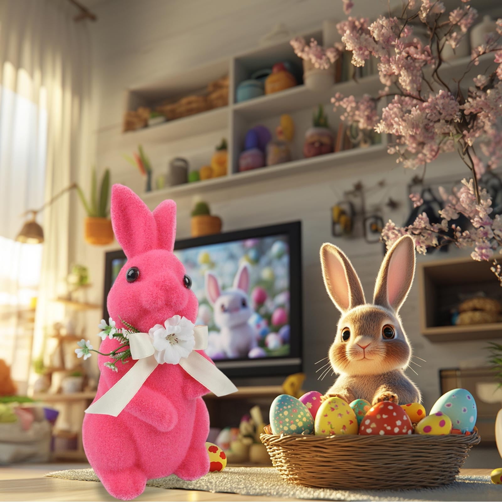Moss Flocked Bunny Statue, Artificial Grass Easter Decor, Spring Garden Patio Table Centerpiece(Hot Pink-B)