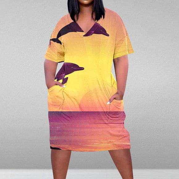 UPPADA Summer Savings Summer Dresses for Women Plus Size Clearance Curvy Sundress Short Sleeve Printdress V-Neck Midi Dresses With Pockets Regency Dresses for Women