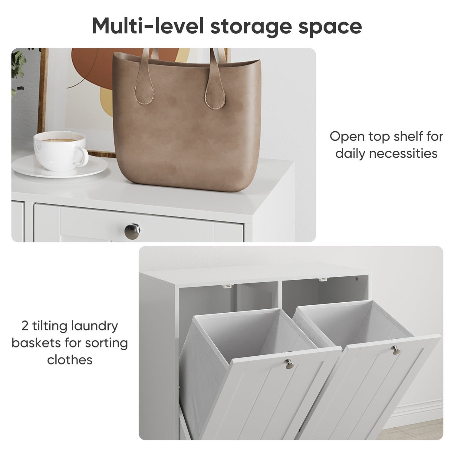 Hommoo Bathroom Laundry Storage Cabinet, Sloping Laundry Basket with Removable Inner Basket, Freestanding Household Storage Rack, White