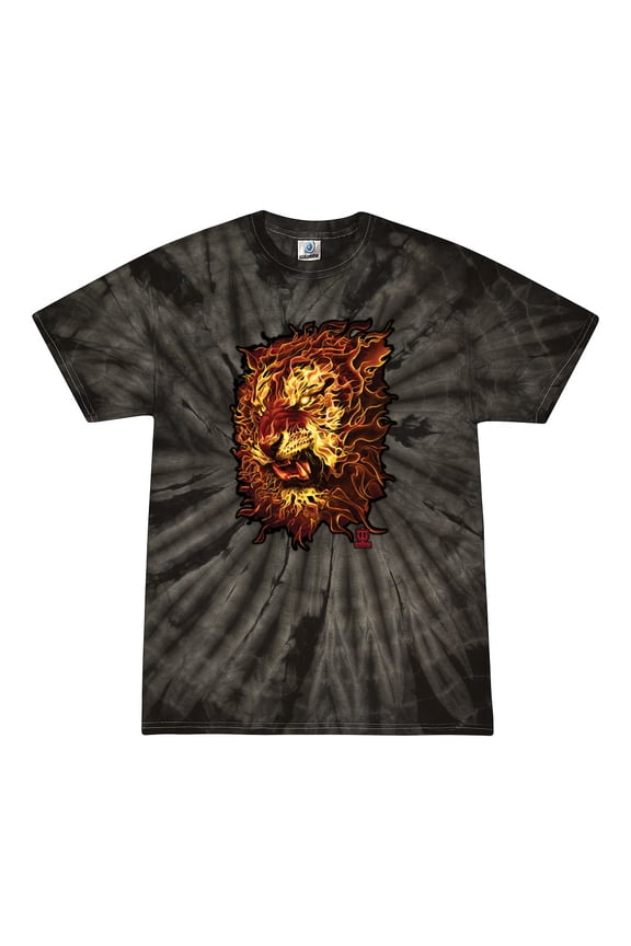 , Fire Lion Face, Animal Lover, Tie-Dye Tees, Spiral Black, X-Large