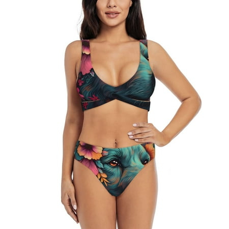 Zeuib Colorful Flower Dog A High Waisted Tummy Control Bikini Set - Knot Front Push Up Top & Cheeky Thong Bottom  Two-Piece Swimsuit for Women-X-Large