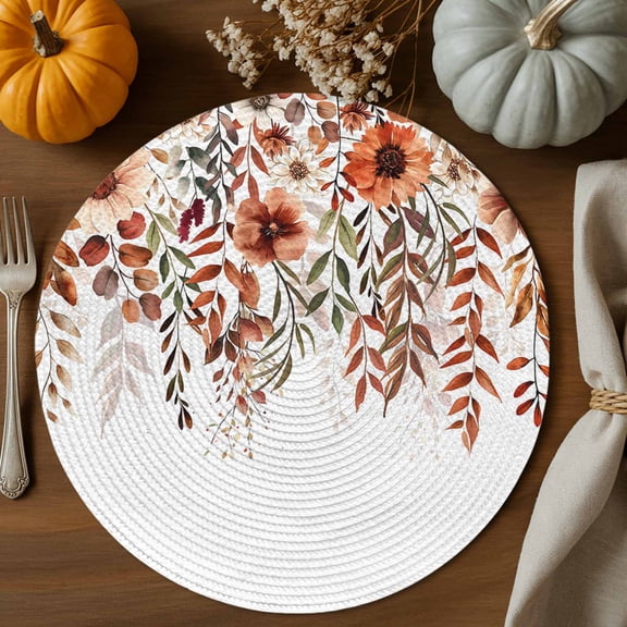 Fall Orange Floral Round Braided Placemats Set of 6, Flower Leaf Heat Insulation Place Mats Washable Non-Slip Table Mats for Kitchen Dining Party, 15 Inches