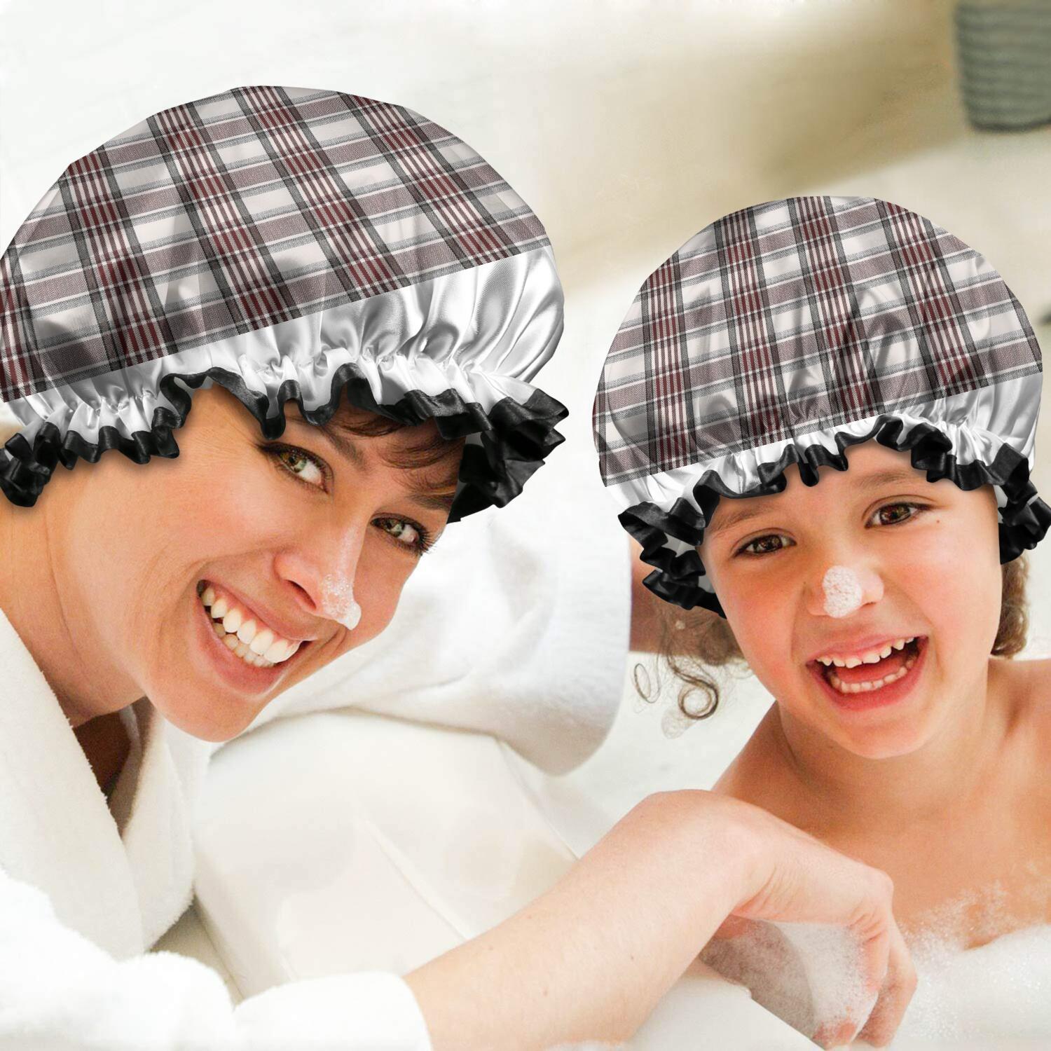 Shower Caps,Brown and White Checkerboard Checkered Pattern Waterproof Shower Cap for Women 4 Pieces,Double Reusable Hair Cover for Shower PEVA Elastic Stretch Hem