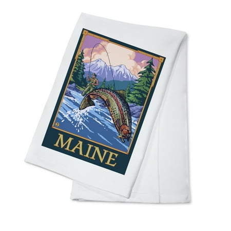 Maine - Angler Fly Fishing Scene (Leaping Trout) - Lantern Press Artwork (100% Cotton Kitchen