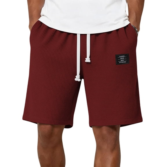 Bbyeadc Mens Shorts Waffle Knit Drawstring Shorts Straight Leg Solid Color Soft Bottoms for Daily Wear with Pocket,Red (XXX-Large)