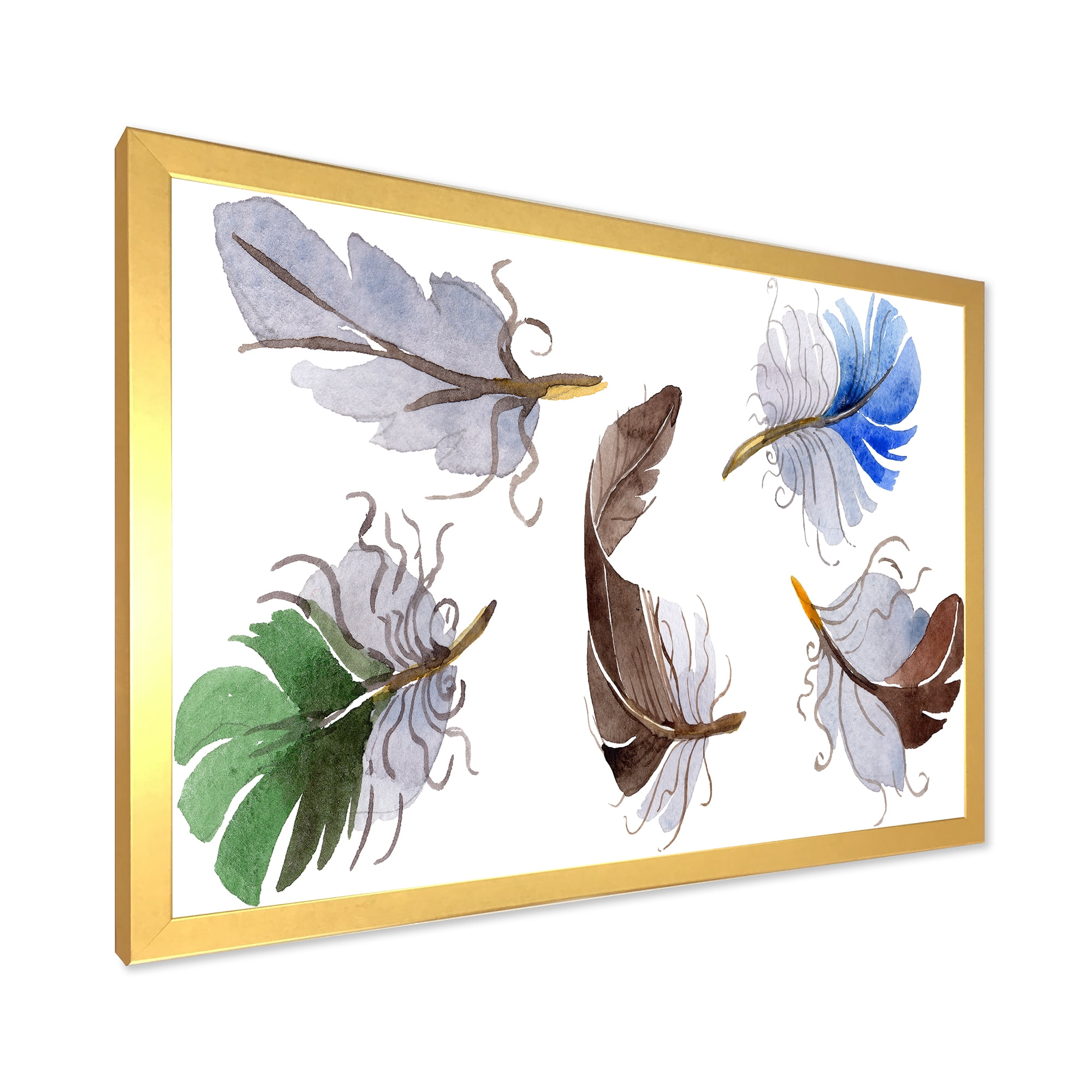 Designart 'Colourful Boho Feather Set On White IV' Bohemian & Eclectic Framed Art Print