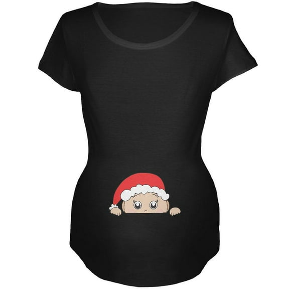 Christmas Peeking Baby Santa Maternity Soft T Shirt Black X-LG