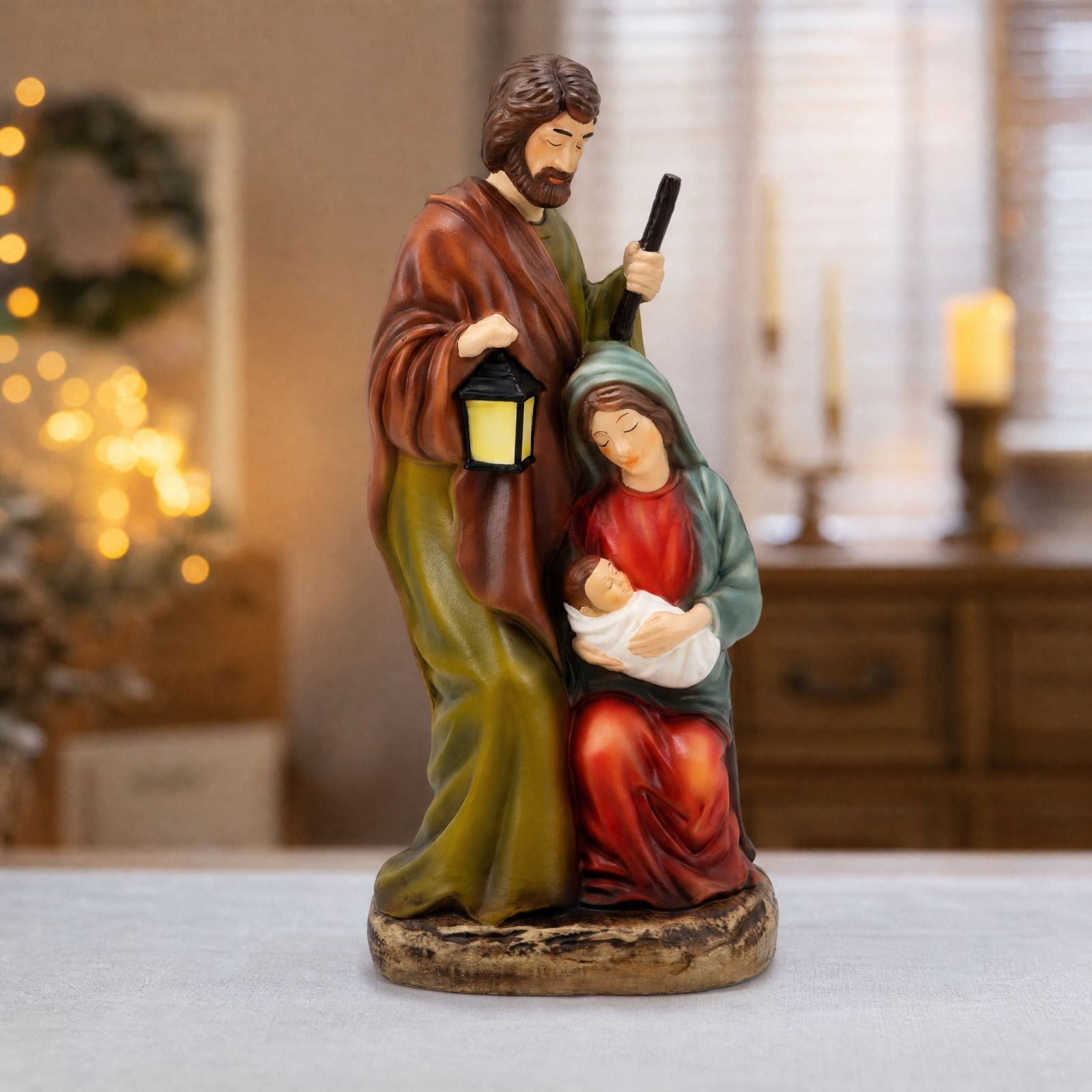 Christmas Holy Family Nativity Figurine Resin Mary Joseph Tabletop Statue Religious Holiday Decor for Home Mantel Shelf