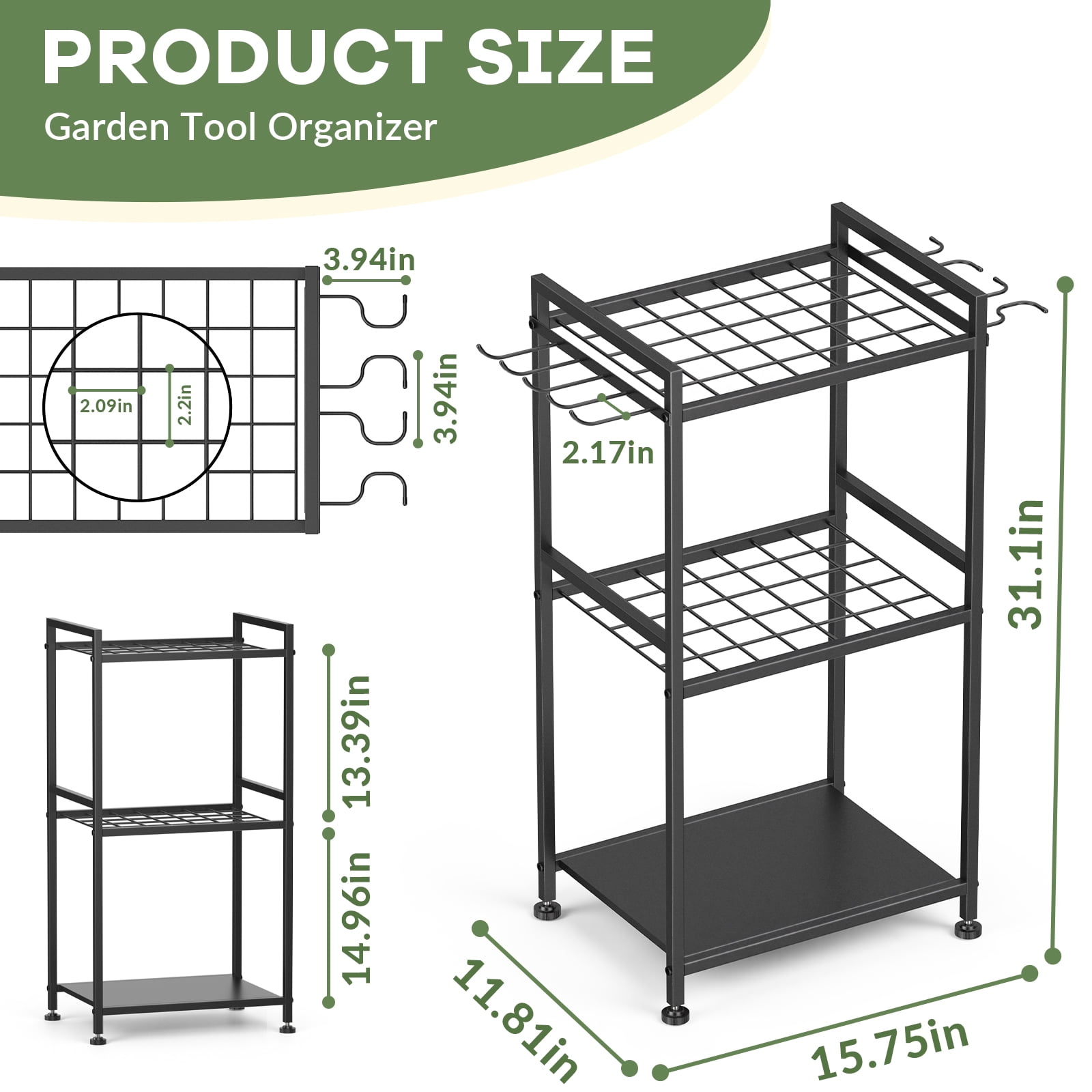 Garden Tool Organizer Rack with Hooks,Holds Up to 35 Long-Handled Tools, Rakes and Brooms, Metal Steel Stand for Shed or Outdoor Storage Backyard