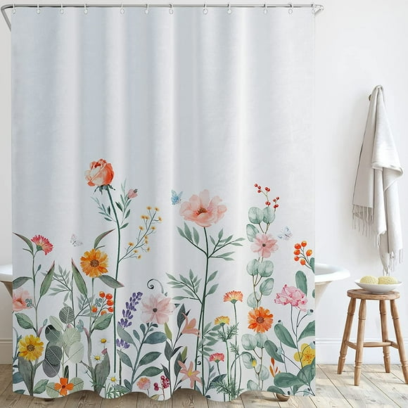 Spring Shower Curtain Boho Shower Curtains for Bathroom, Colorful Western Pink Shower Curtain, Flower Floral Shower Curtain Bohemian Yellow Shower Curtain, Shower Stall Curtain Modern Shower Curtains
