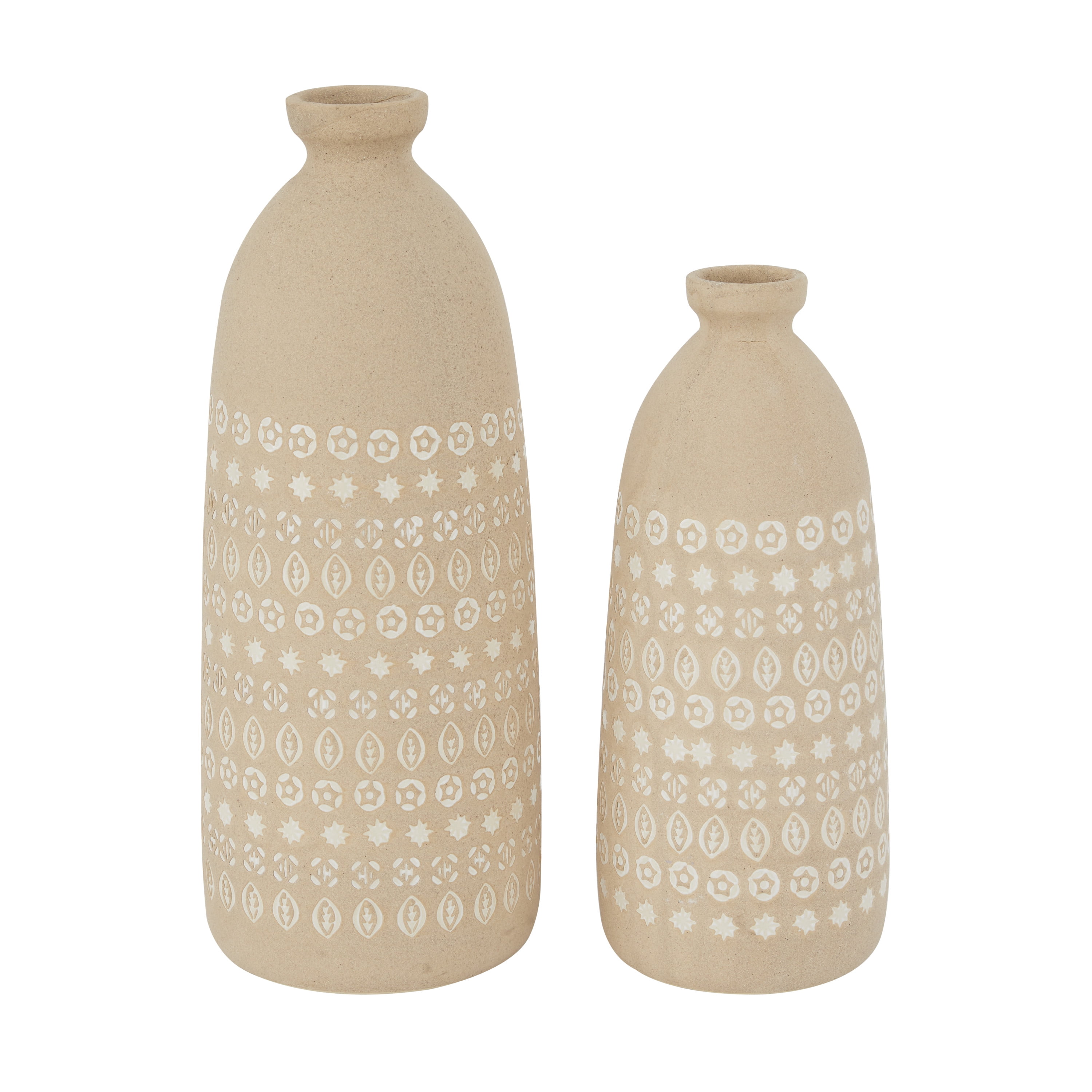 DecMode 15", 12"H Handmade Beige Ceramic Vase with Star Patterns, Set of 2