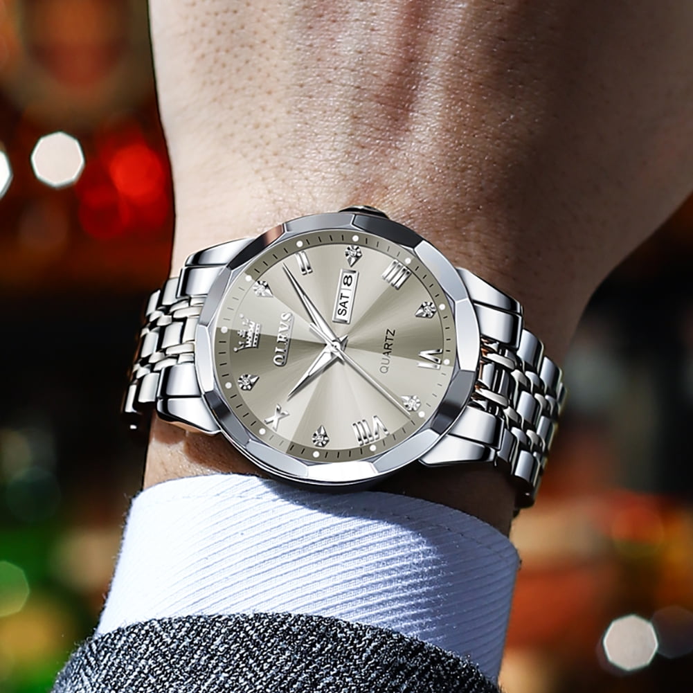 OLEVS Watch for Men Diamond Business Dress Analog Quartz Stainless Steel Waterproof Luminous Date Two Tone Luxury Casual Wrist Watch