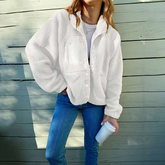 RYDCOT Winter Jackets for Women 2023 Sherpa Fleece Jackets Casual Long Sleeve Buttons Cropped Coat Winter Outwear Sale