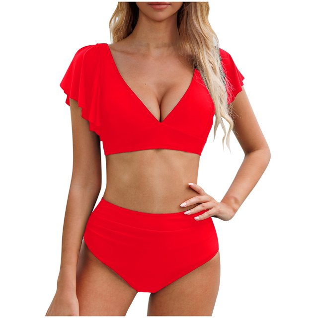 NINGMENG Bikinis for Women Summer Solid Color Camisole And Panty Set Sexy Deep V Neck Ruffled High Waisted Pleated Two Piece Tankini Swimsuits For Women Holiday Wear,Red,S