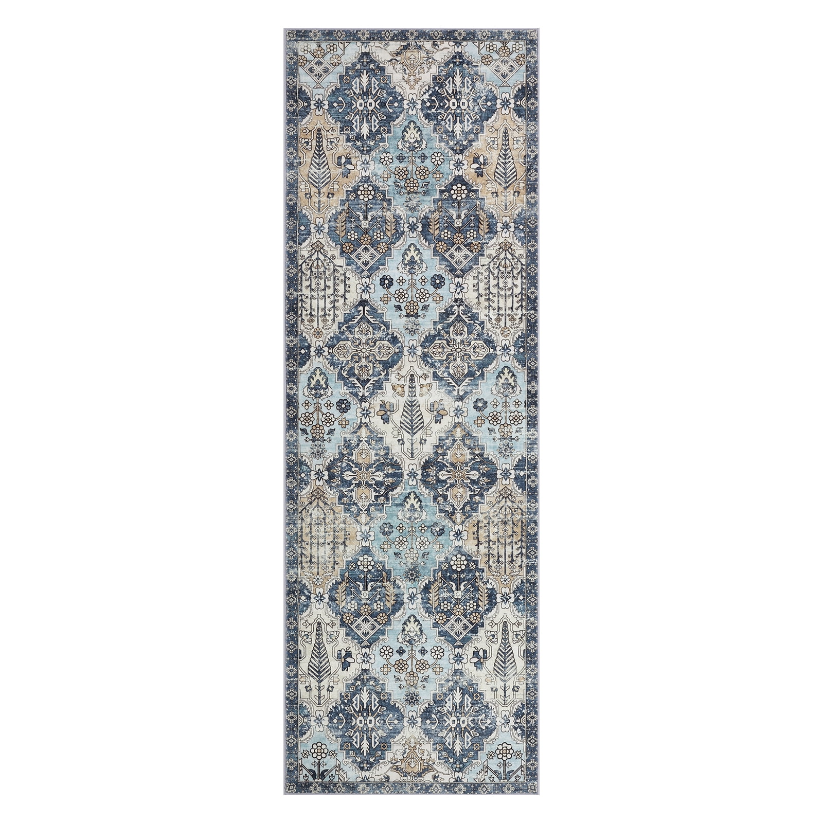 MeyJey 2'x6' Vintage Hallway Runner Rug, Oriental Non Slip Runner Rug Machine Washable Area Rug for Living Room Bedroom Carpet, Blue/Navy/Beige