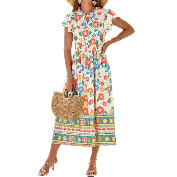 Vestido de verano GRACE KARIN Boho 2025, manga corta, cuello en V, maxi