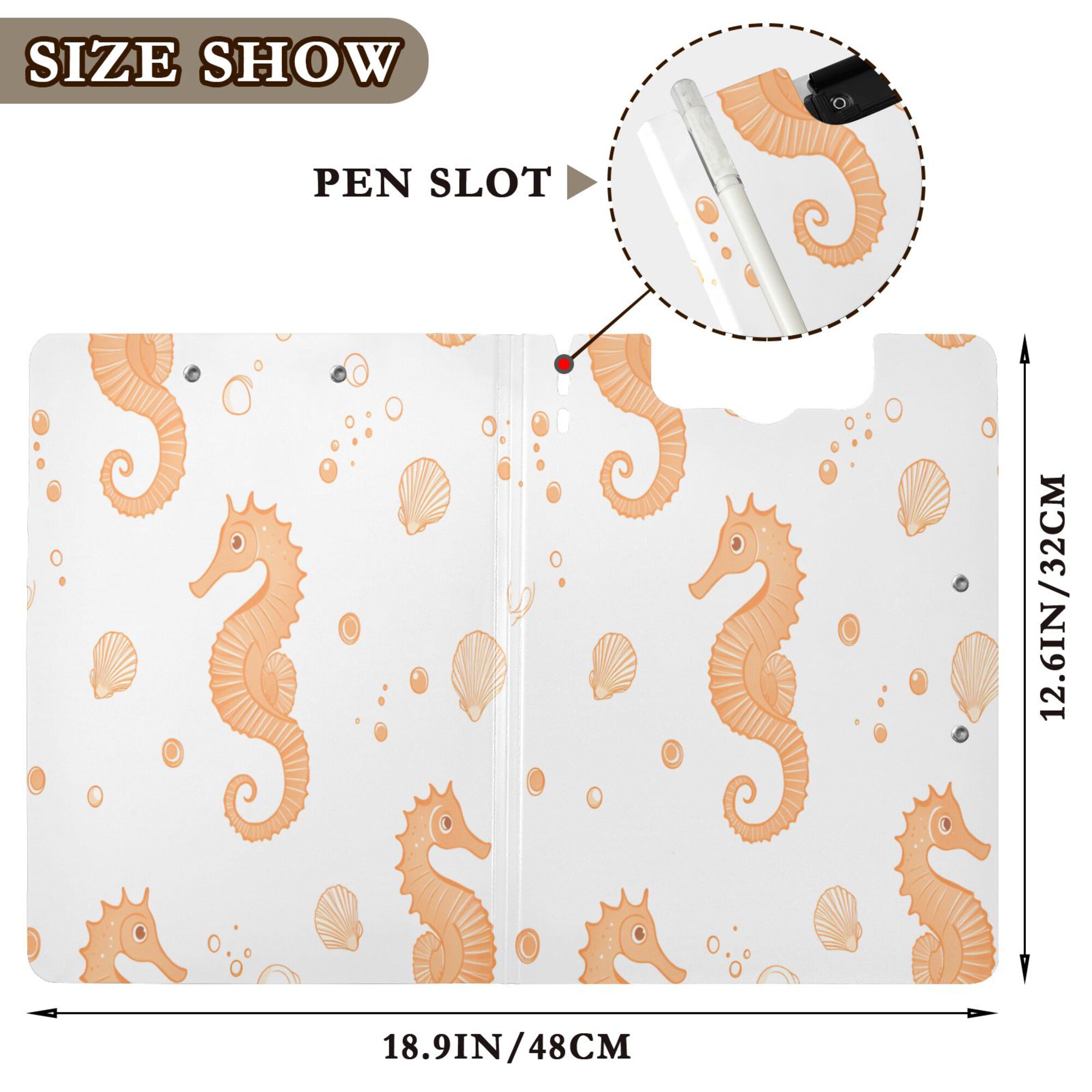 FORMRS A4 Clipboard Folder with Pen Holder Horizontal Foldable School Office Binder, White Seahorse