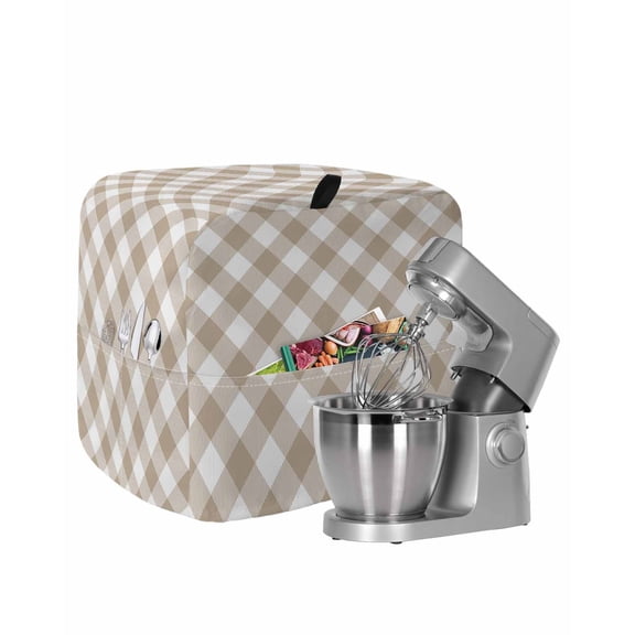 Minimalistic Checkered Beige Rural Style, Stand Mixer Dust Cover with Storage Pocket & Handles, Fits All Tilt Head & Bowl Lift Kitchen Appliance Cover Organizer Bag Accessories, 6-8 Quart